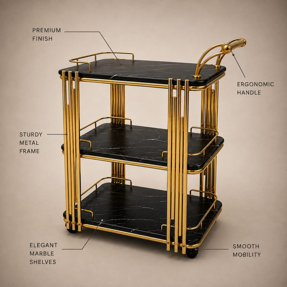 Gold-Tone Three-Tier Serving Trolley