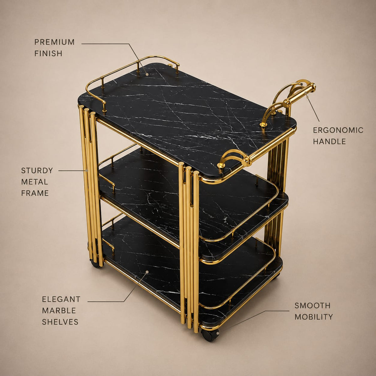 Gold-Tone Three-Tier Serving Trolley