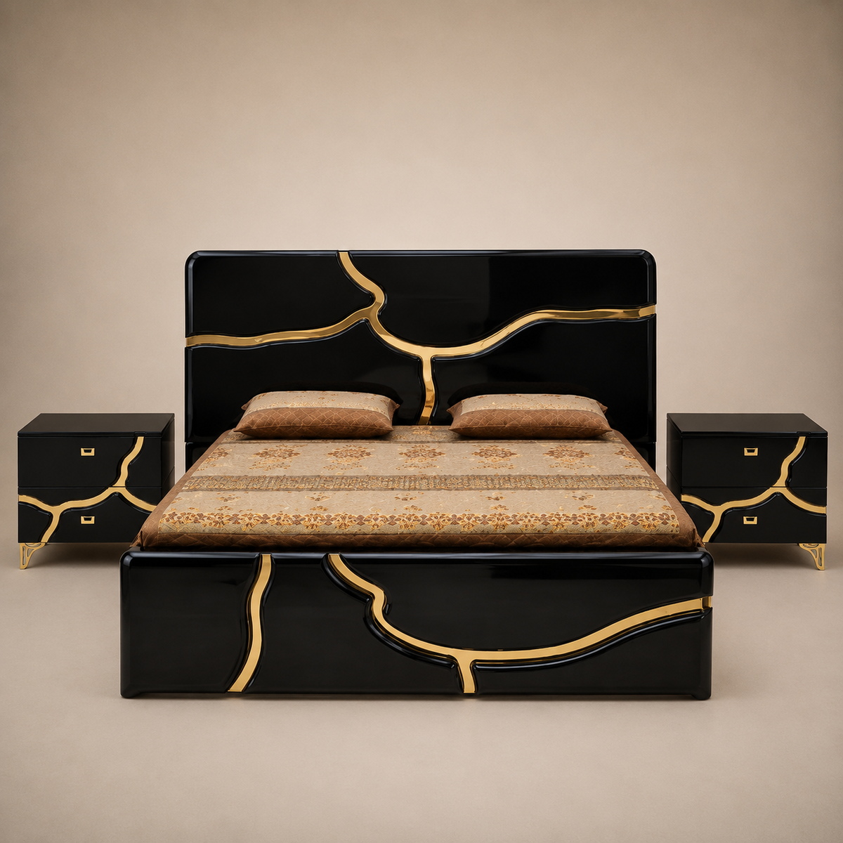 Black & Gold-Line Contemporary Bed Set