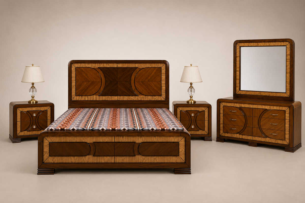 Geometric Wood-Tone Panel Bed Set