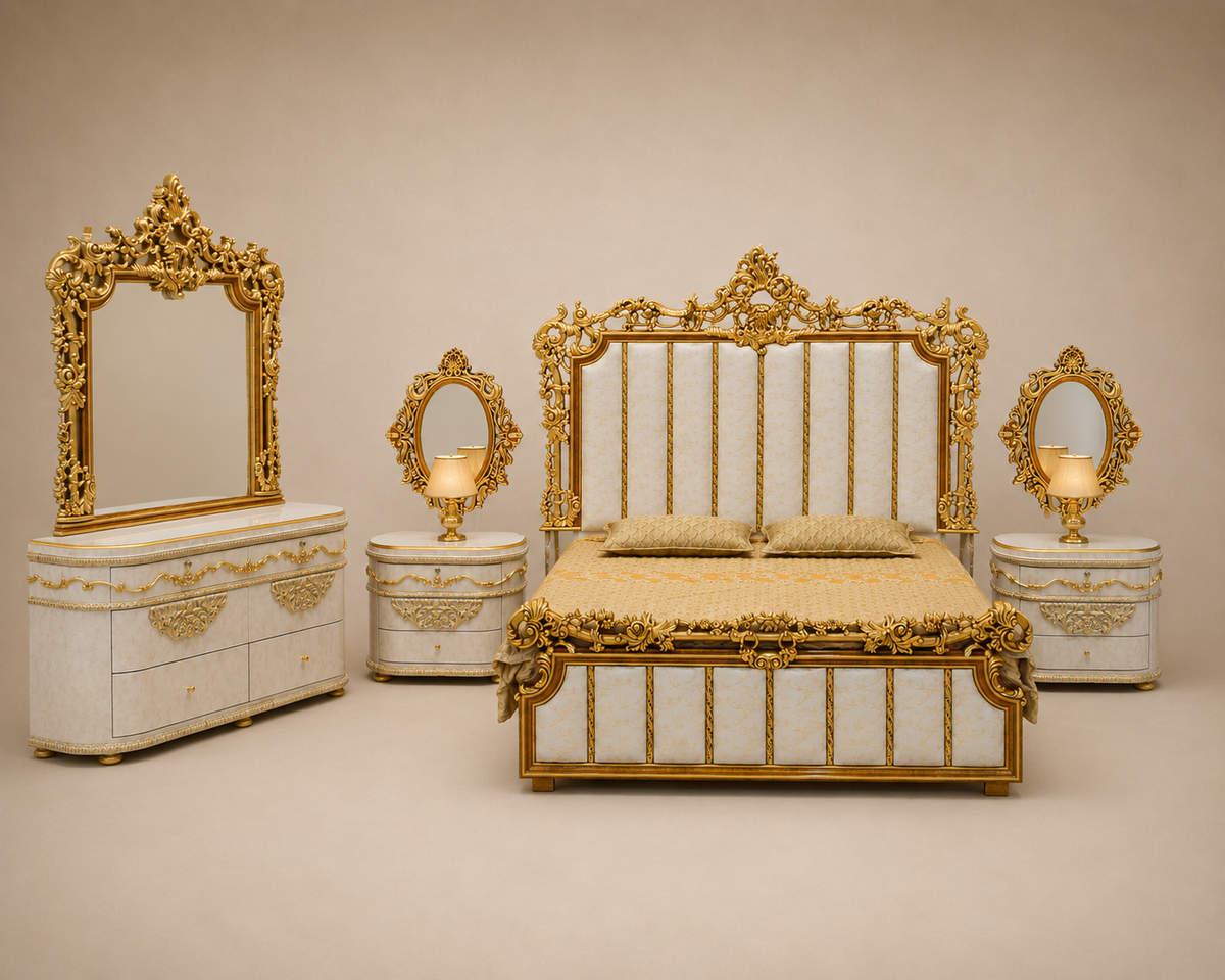 Ivory & Gold Vertical-Panel Bed Set