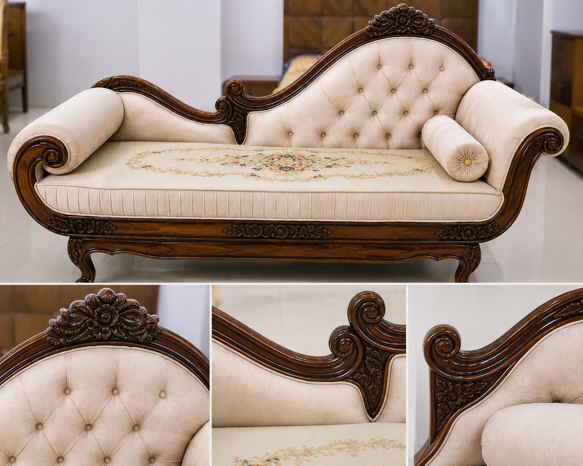 Ivory Tufted Wooden Chaise Longue
