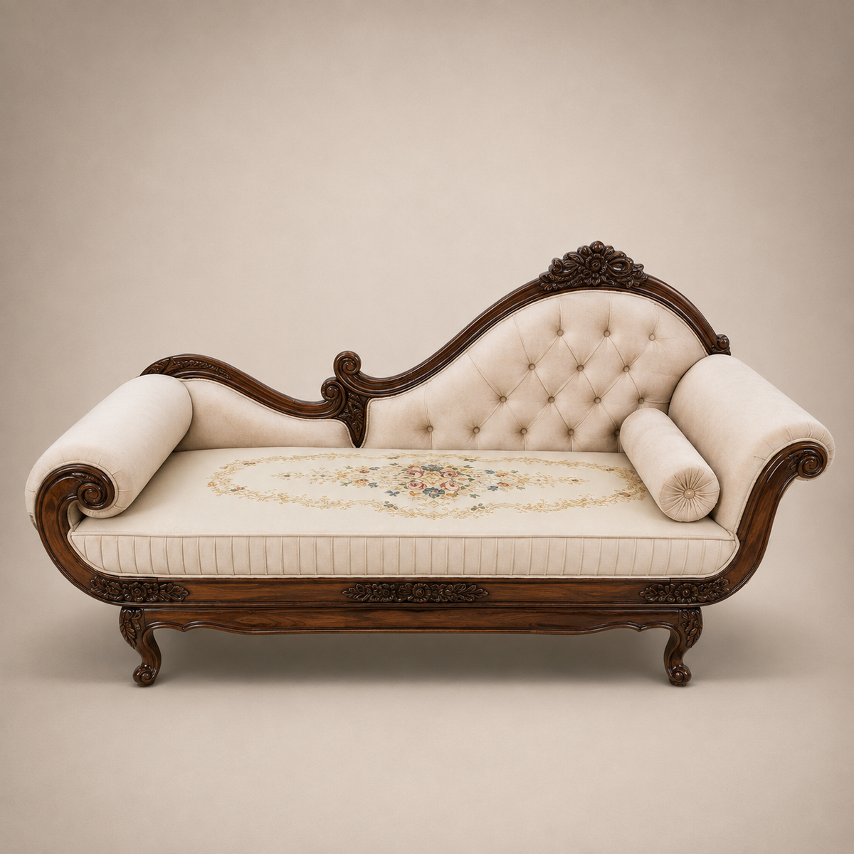 Ivory Tufted Wooden Chaise Longue