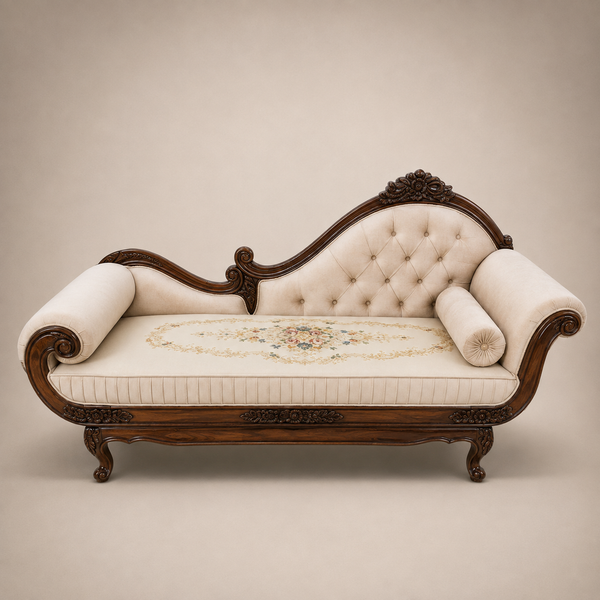 Ivory Tufted Wooden Chaise Longue
