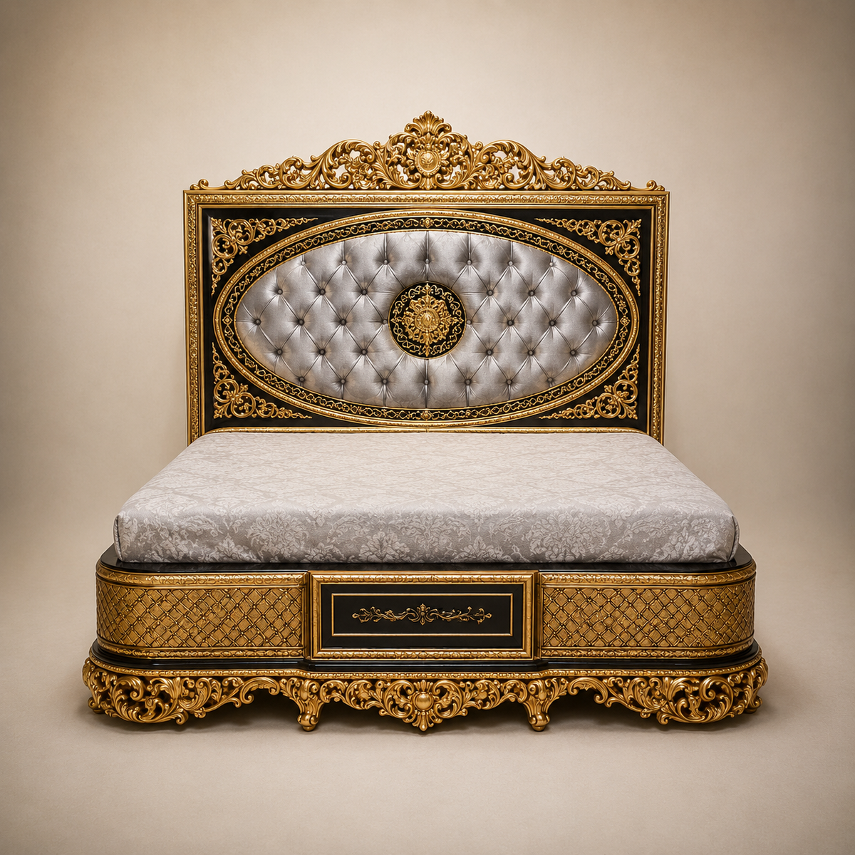 Oval-Tufted Gold-Tone Bed Set